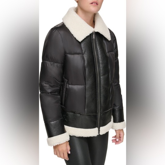 NEW Ciré Faux Shearling Puffer Jacket in Black & Cream, Size Medium - Picture 3 of 16
